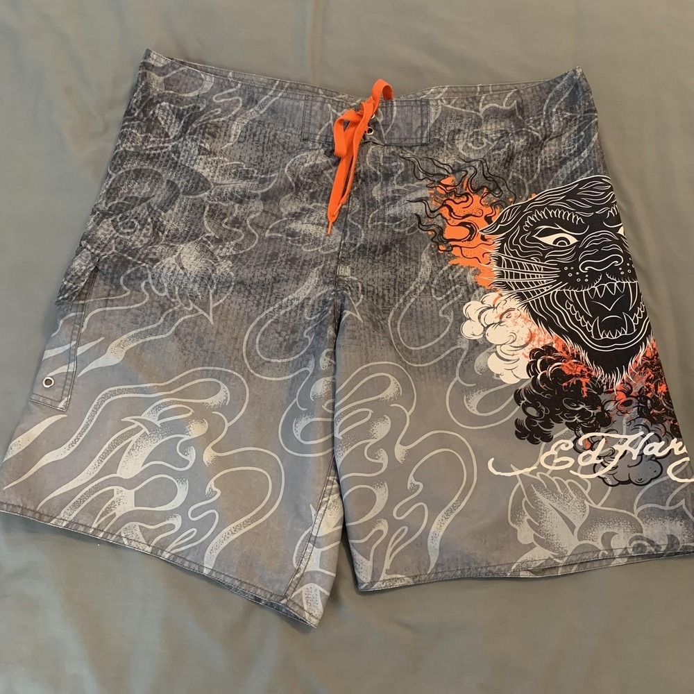 Ed Hardy Board Shorts Mens XL‎ Gray Tiger Flame Swim Trunks Drawstring DS0897